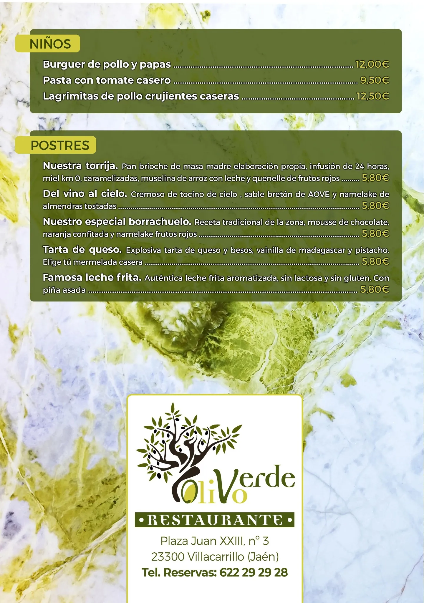 Carta infantil y postres